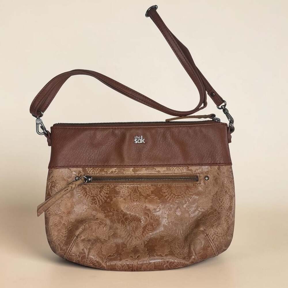 The Sak Brown Embossed Floral Leather Crossbody Bag